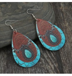 Western Cowgirl Cowboy Earrings Set Boho Aztec Pattern Leather Earrings for Women Boho Vintage Handmade Bohemian Turquoise Je...