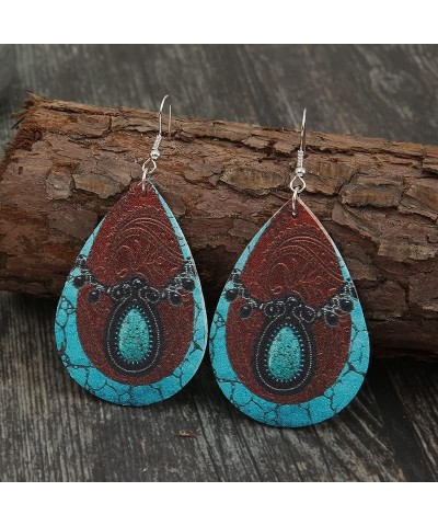 Western Cowgirl Cowboy Earrings Set Boho Aztec Pattern Leather Earrings for Women Boho Vintage Handmade Bohemian Turquoise Je...