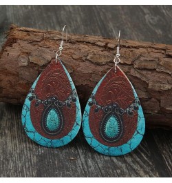 Western Cowgirl Cowboy Earrings Set Boho Aztec Pattern Leather Earrings for Women Boho Vintage Handmade Bohemian Turquoise Je...