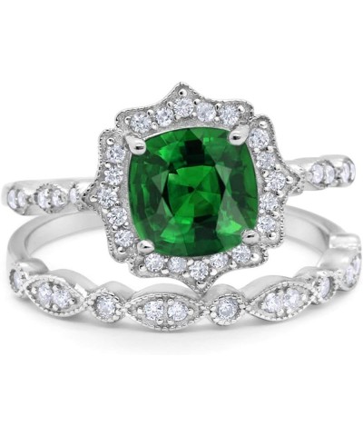 Two Piece Art Deco Wedding Engagement Ring Band Cushion Cubic Zirconia 925 Sterling Silver Simulated Green Emerald CZ $18.35 ...