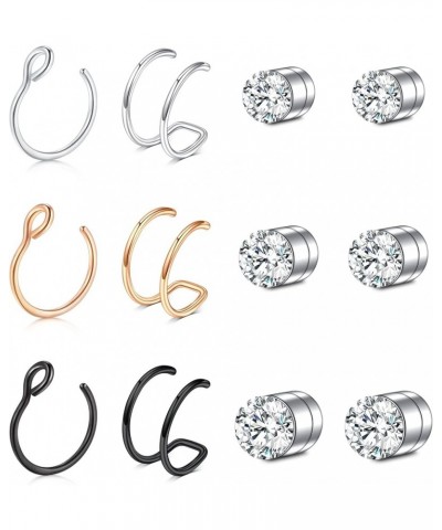 Fake Nose Rings Stainless Steel Inlaid CZ Faux Piercing Jewelry Fake Nose Ring Spring Clip on Circle Hoop No Pierced Septum N...