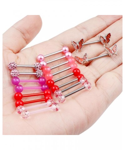 9 Pairs 14G Nipple Rings for Women Surgical Steel Nipple Piercings Butterfly Straight Barbell Pink Nipple Rings Set Cute Nipp...