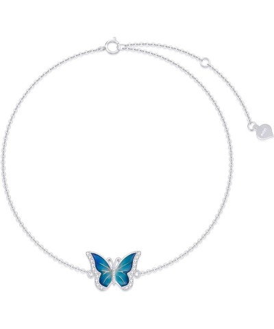 Real 14k Gold Blue Butterfly Bracelet for Women, Solid 14 Karat Gold Animal Lover Wrist Jewelry Gifts for Her, 6.8-8.4 White ...