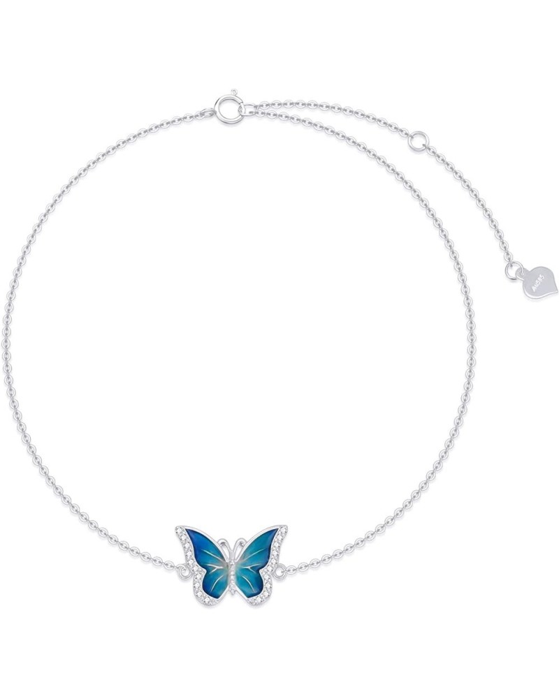 Real 14k Gold Blue Butterfly Bracelet for Women, Solid 14 Karat Gold Animal Lover Wrist Jewelry Gifts for Her, 6.8-8.4 White ...