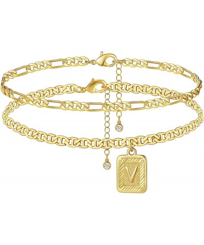 Ankle Bracelets for Women, Gold Anklets with Square Pendant Initial Anklet Bracelets 14K Real Gold Plated Flat Marina Foot Ch...