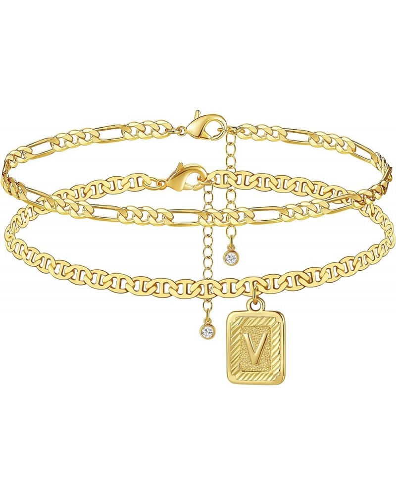 Ankle Bracelets for Women, Gold Anklets with Square Pendant Initial Anklet Bracelets 14K Real Gold Plated Flat Marina Foot Ch...