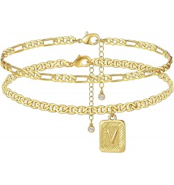 Ankle Bracelets for Women, Gold Anklets with Square Pendant Initial Anklet Bracelets 14K Real Gold Plated Flat Marina Foot Ch...