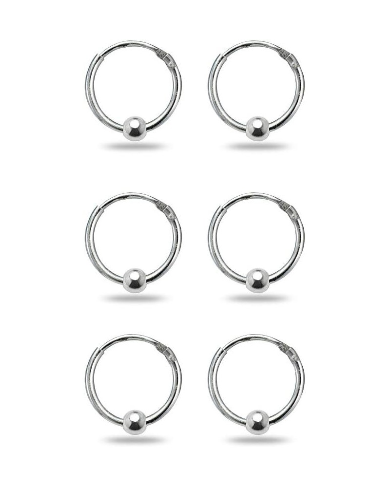 Sterling Silver Ball Bead Small Endless 10mm Thin Round Unisex Hoop Earrings for Men Women Set of 3 Pairs Sterling Silver $12...