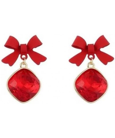 Red Bow Square Crystal Pendant Earrings Square Zircon Tiny Tie Earrings Shiny Fashion temperament Bow Earrings for Women Girl...