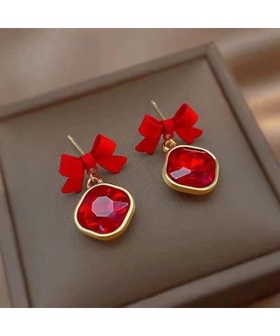 Red Bow Square Crystal Pendant Earrings Square Zircon Tiny Tie Earrings Shiny Fashion temperament Bow Earrings for Women Girl...