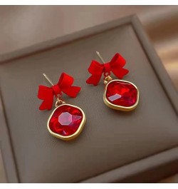 Red Bow Square Crystal Pendant Earrings Square Zircon Tiny Tie Earrings Shiny Fashion temperament Bow Earrings for Women Girl...