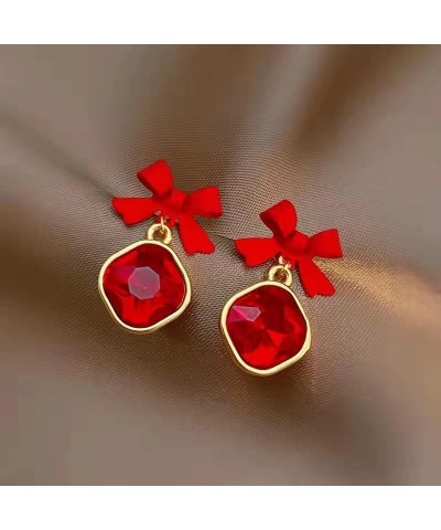 Red Bow Square Crystal Pendant Earrings Square Zircon Tiny Tie Earrings Shiny Fashion temperament Bow Earrings for Women Girl...