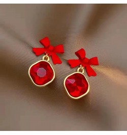 Red Bow Square Crystal Pendant Earrings Square Zircon Tiny Tie Earrings Shiny Fashion temperament Bow Earrings for Women Girl...