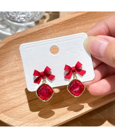 Red Bow Square Crystal Pendant Earrings Square Zircon Tiny Tie Earrings Shiny Fashion temperament Bow Earrings for Women Girl...