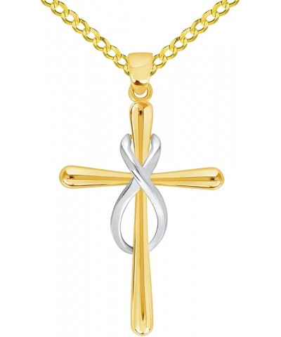 14k Yellow Gold Vertical Infinity Eternity Relligious Cross Pendant with Cable, Curb, or Figaro Chain Necklaces 24.0 Inches C...