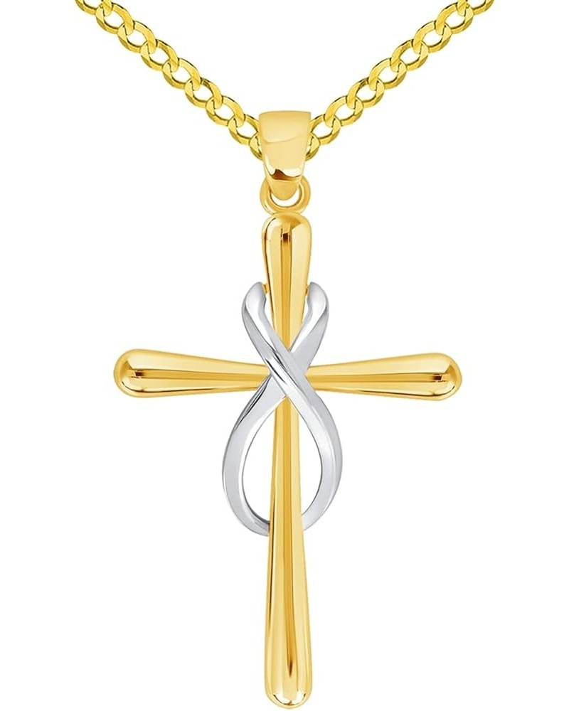 14k Yellow Gold Vertical Infinity Eternity Relligious Cross Pendant with Cable, Curb, or Figaro Chain Necklaces 24.0 Inches C...