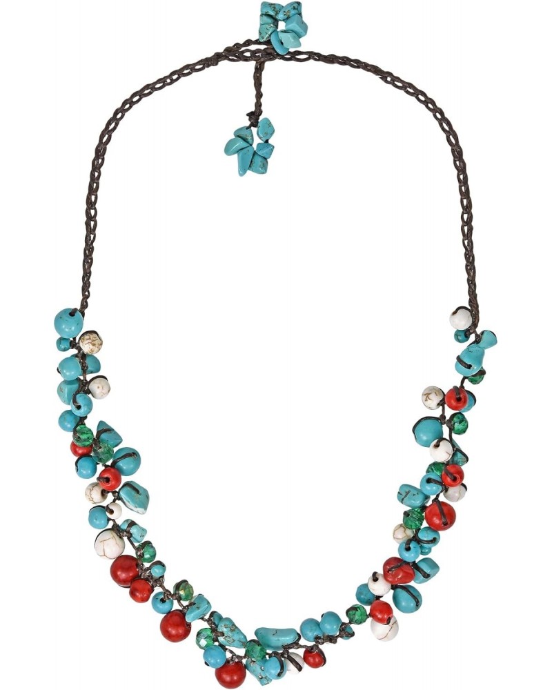 Infinite Beaded Clusters Simulated Turquoise and Reconstructed Red Coral Cotton Wax Rope Necklace $12.09 Necklaces