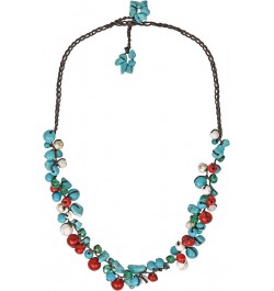 Infinite Beaded Clusters Simulated Turquoise and Reconstructed Red Coral Cotton Wax Rope Necklace $12.09 Necklaces