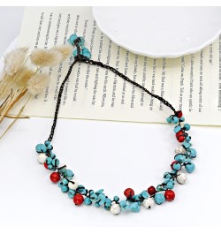 Infinite Beaded Clusters Simulated Turquoise and Reconstructed Red Coral Cotton Wax Rope Necklace $12.09 Necklaces