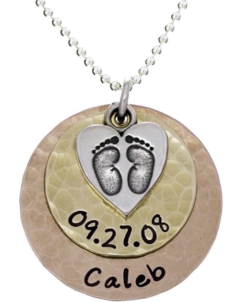 Baby First Foot Print Necklace with Customizable Sterling Silver, 14k Gold and Rose Gold Plated Discs With Names of Your Choi...