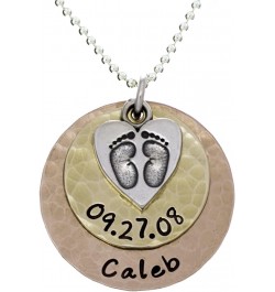 Baby First Foot Print Necklace with Customizable Sterling Silver, 14k Gold and Rose Gold Plated Discs With Names of Your Choi...