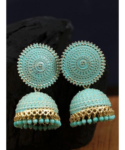 Bollywood Traditional Indian Wedding German Silver & Maroon Pearls Jhumka Earrings for women/girls Sky Blue-Gold $10.02 Earrings