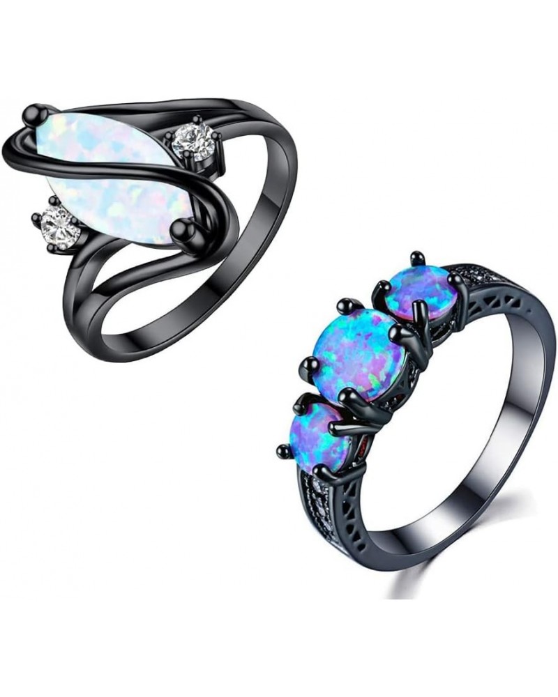 2 Pcs Black Gun Plated White Opal Ring Round Shape, Luxurious Ring for Women Bohemian Vintage Retro Jewelry, Crystal Birthsto...