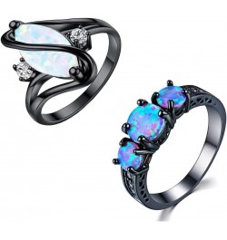 2 Pcs Black Gun Plated White Opal Ring Round Shape, Luxurious Ring for Women Bohemian Vintage Retro Jewelry, Crystal Birthsto...