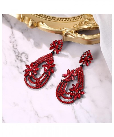 Women's Elegant Layer Crystal Rhinestone Marquise Flower Chandelier Dangle Earrings for Wedding Party Prom Ruby Color Black-t...