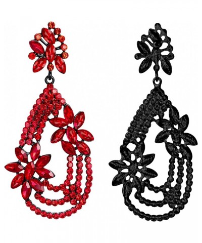 Women's Elegant Layer Crystal Rhinestone Marquise Flower Chandelier Dangle Earrings for Wedding Party Prom Ruby Color Black-t...