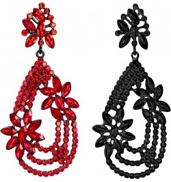 Women's Elegant Layer Crystal Rhinestone Marquise Flower Chandelier Dangle Earrings for Wedding Party Prom Ruby Color Black-t...