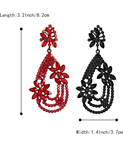 Women's Elegant Layer Crystal Rhinestone Marquise Flower Chandelier Dangle Earrings for Wedding Party Prom Ruby Color Black-t...