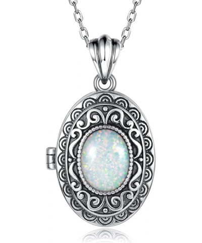 Sterling Silver Locket Necklace for Women: Oval-Shaped Opal Heart Locket Pendant Holds Pictures Always with You Vintage Style...