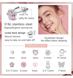 Screw Back Hypoallergenic Earrings for Women Girls Cute Pink Colorful Surgical Steel Screwback Stud Earrings Set Fit Mom Daut...