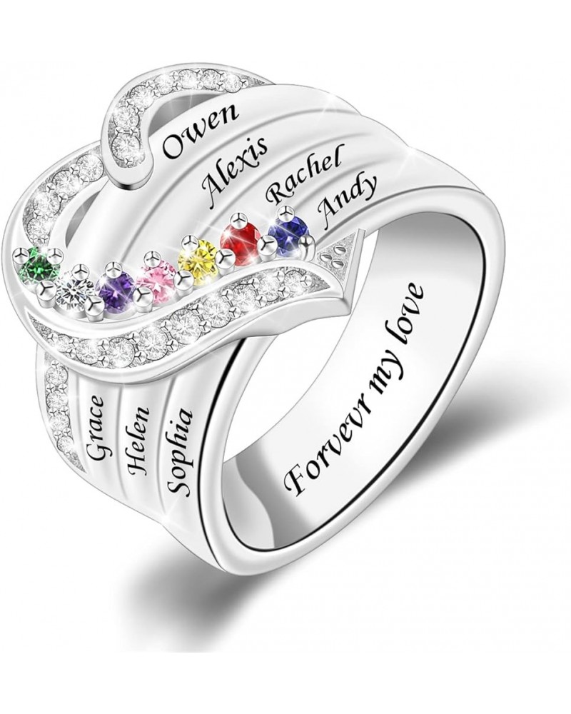 Her Gift Personalized Mother Rings with 1-8 Birthstones Heart Family Ring Custom Engraved Name Ring for Mom Women Grandma Wif...