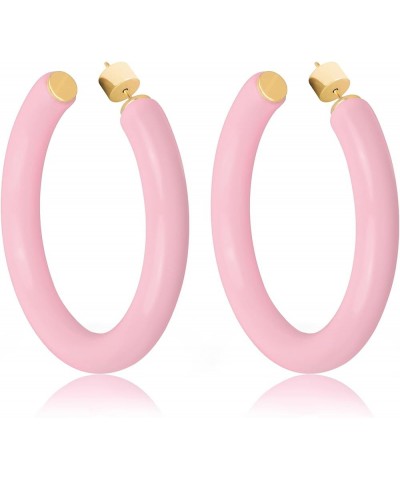 Yellow Gold Plated Sterling Silver Color Resin Chunky Open Hoop Earrings for Women 57MM (2.24") Diameter Pink - Pastel ( Glos...