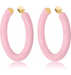 Yellow Gold Plated Sterling Silver Color Resin Chunky Open Hoop Earrings for Women 57MM (2.24") Diameter Pink - Pastel ( Glos...