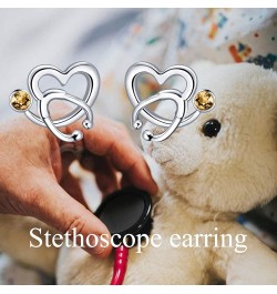 Nurse Earrings 925 Sterling Silver Stethoscope Studs Earrings Simulated 12 Months Birthstone Crystal from Austria, Graduation...