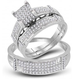 10kt White Gold Trio His & Hers Round Diamond Square Matching Bridal Wedding Ring Band Set 1/2 Cttw Women 5 Mens 9.5 $294.06 ...