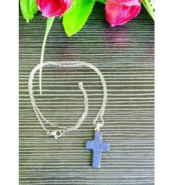 Natural Gemstone Cross Pendant Necklace with Stainless Steel Cable Chain Lapis Lazuli White Crystal & Pink Crystal Cross Pend...