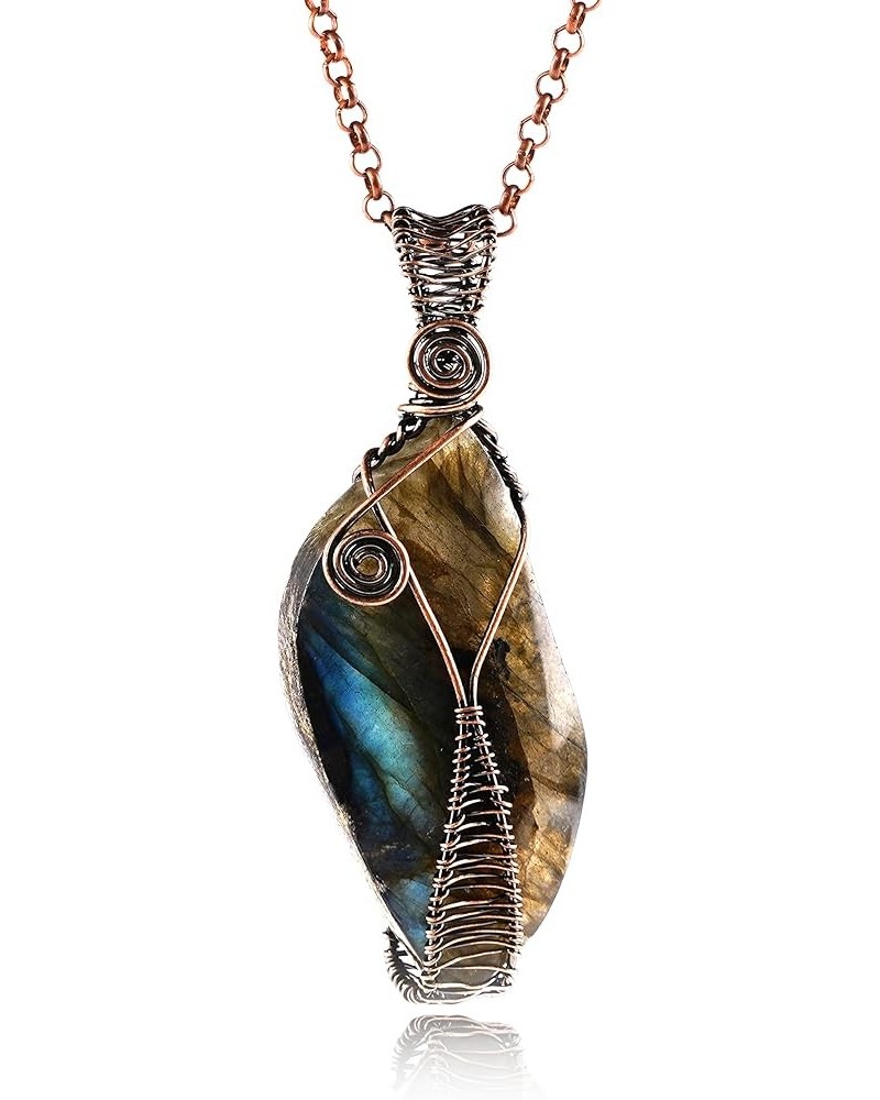 Handmade Wire Wrapped Irregular Natural Labradorite Stone Jewelry 23.5In Chain Handmade Charm Pendant Necklace 057-Labradorit...